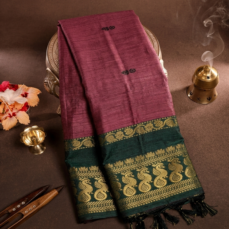 Liyaria Classic Loom Saree – Purple & Green Zari Border | 303D