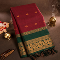 Liyaria Classic Loom Saree – Maroon & Emerald Green Zari Border | 302D