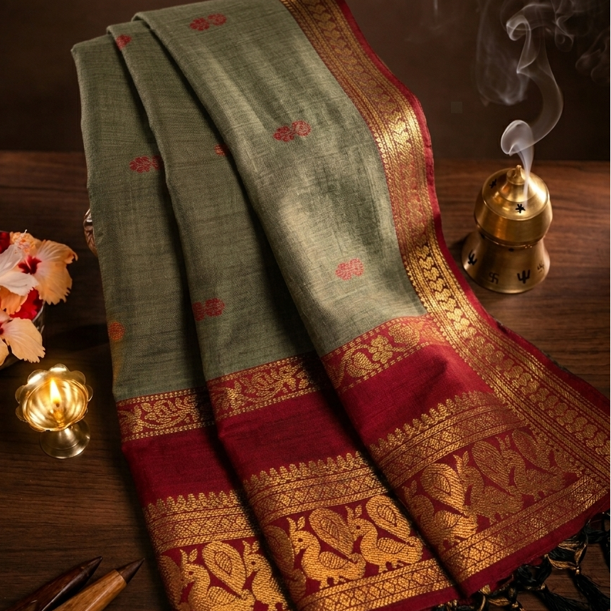 Liyaria Classic Loom Saree – Olive Green & Dark Red Border | 304D