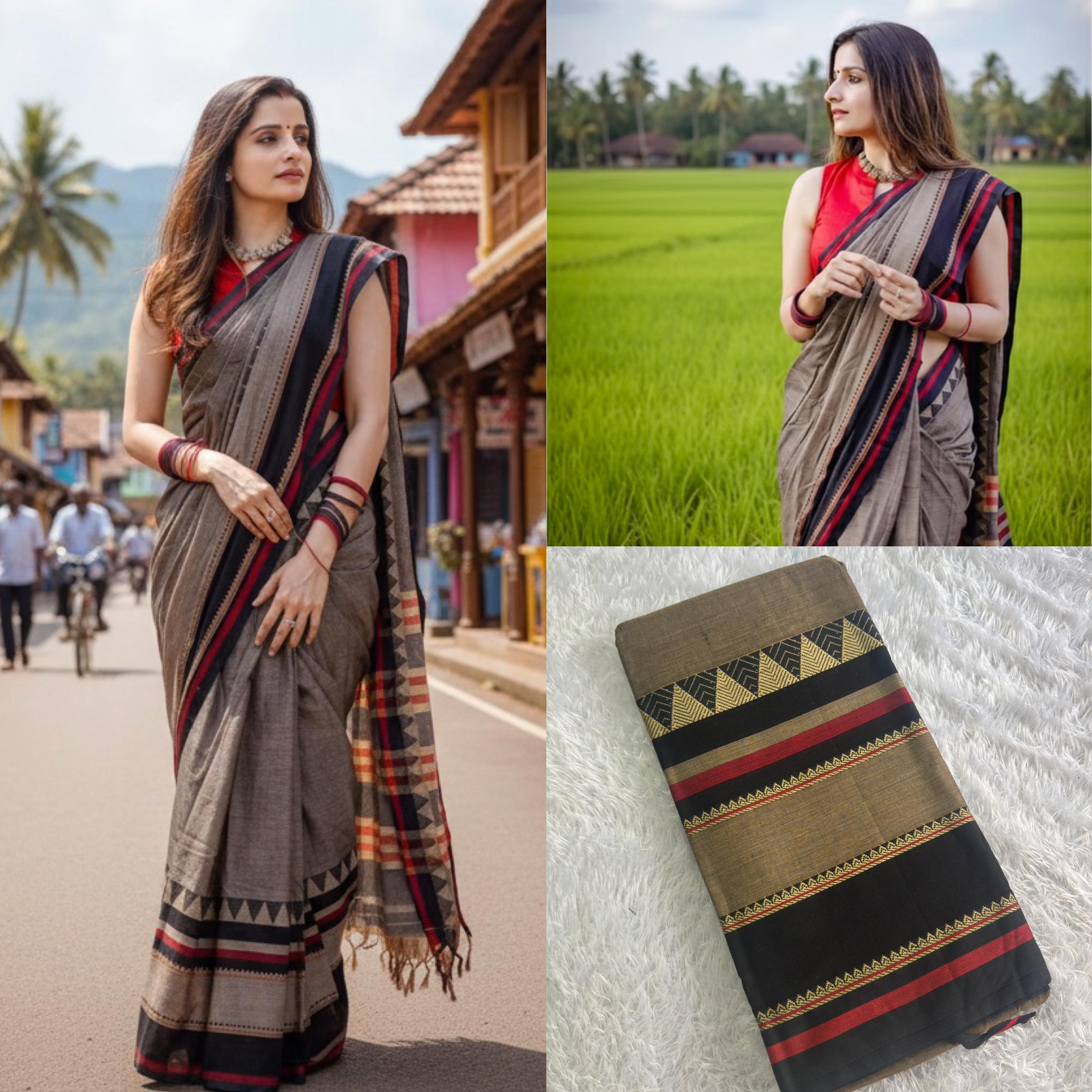 Narayanpeth Cotton Maroon & Black Temple Border Saree