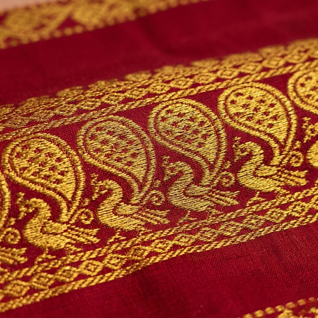 Liyaria Classic Loom Saree – Peach & Red Traditional Border | 301D