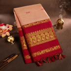 Liyaria Classic Loom Saree – Peach & Red Traditional Border | 301D