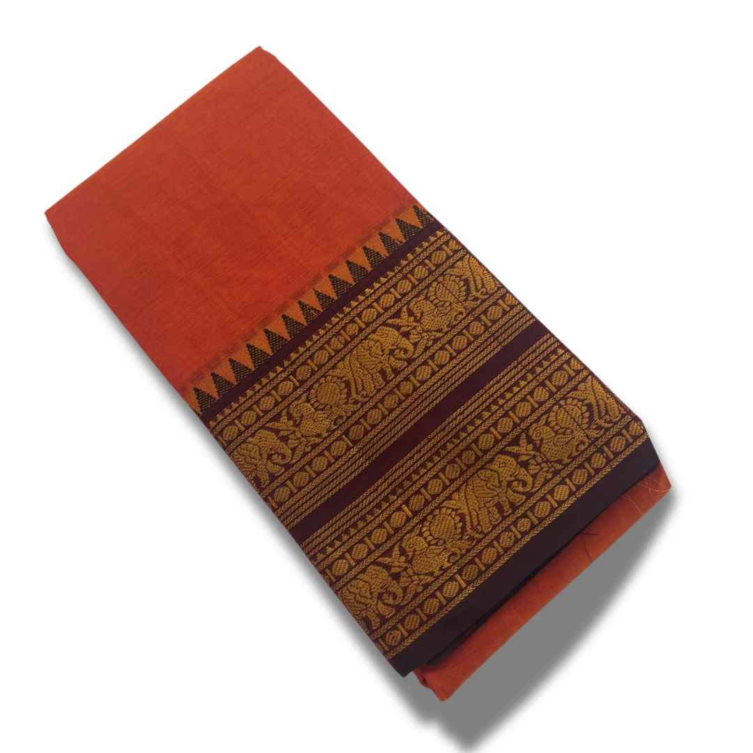 MALATHI 2.0 – Premium Orange & Coffee Cotton Saree with Retta Petta Border
