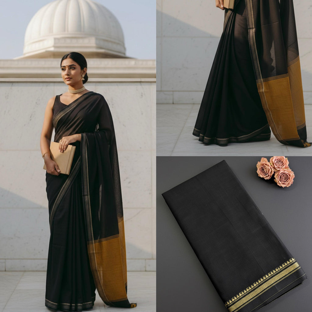 Black Cotton Saree with Classic Border