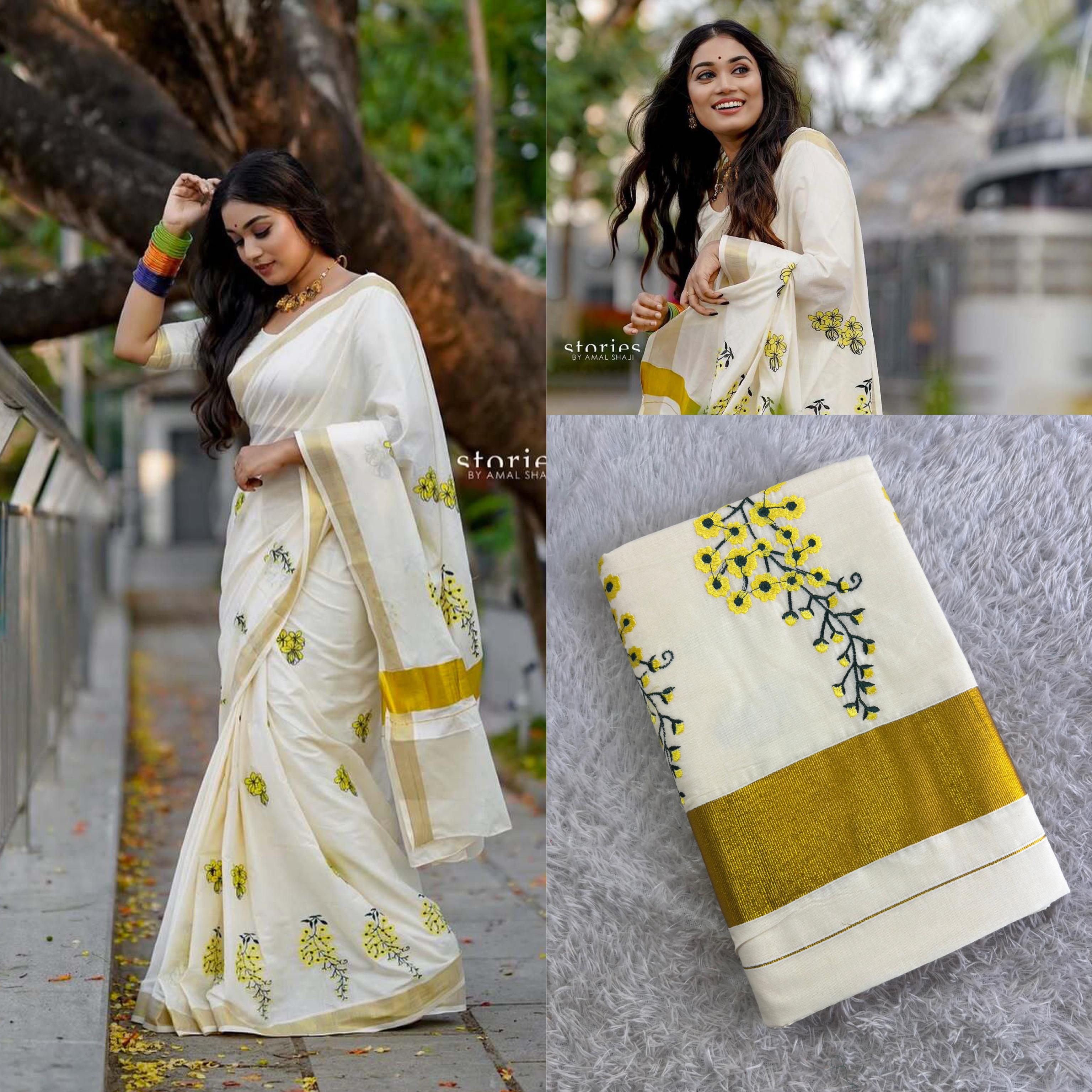 Kannikonna Embroidery Cotton Saree – Premium Off-White Kerala Saree