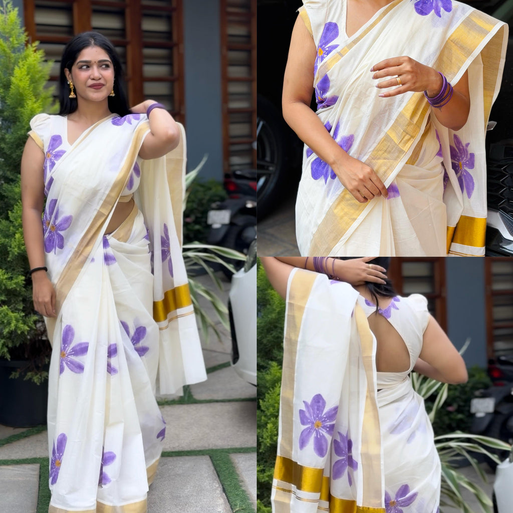 Neelakurnjij Designer Floral Cotton Saree – Soft, Breathable & Graceful