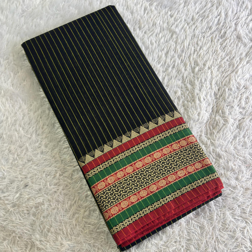 Mandara Heritage Line Cotton Saree – Classic Black & Maroon | Premium Narayanpet Weave