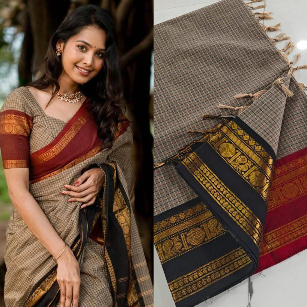 Ganga Yamuna Border checks maroon black border saree