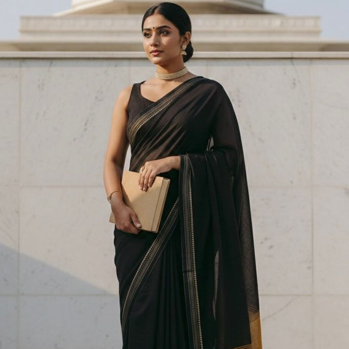 Black Cotton Saree with Classic Border