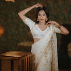 Malayalam Akshara Mala Embroidered Premium Cotton Saree – White with Golden Border