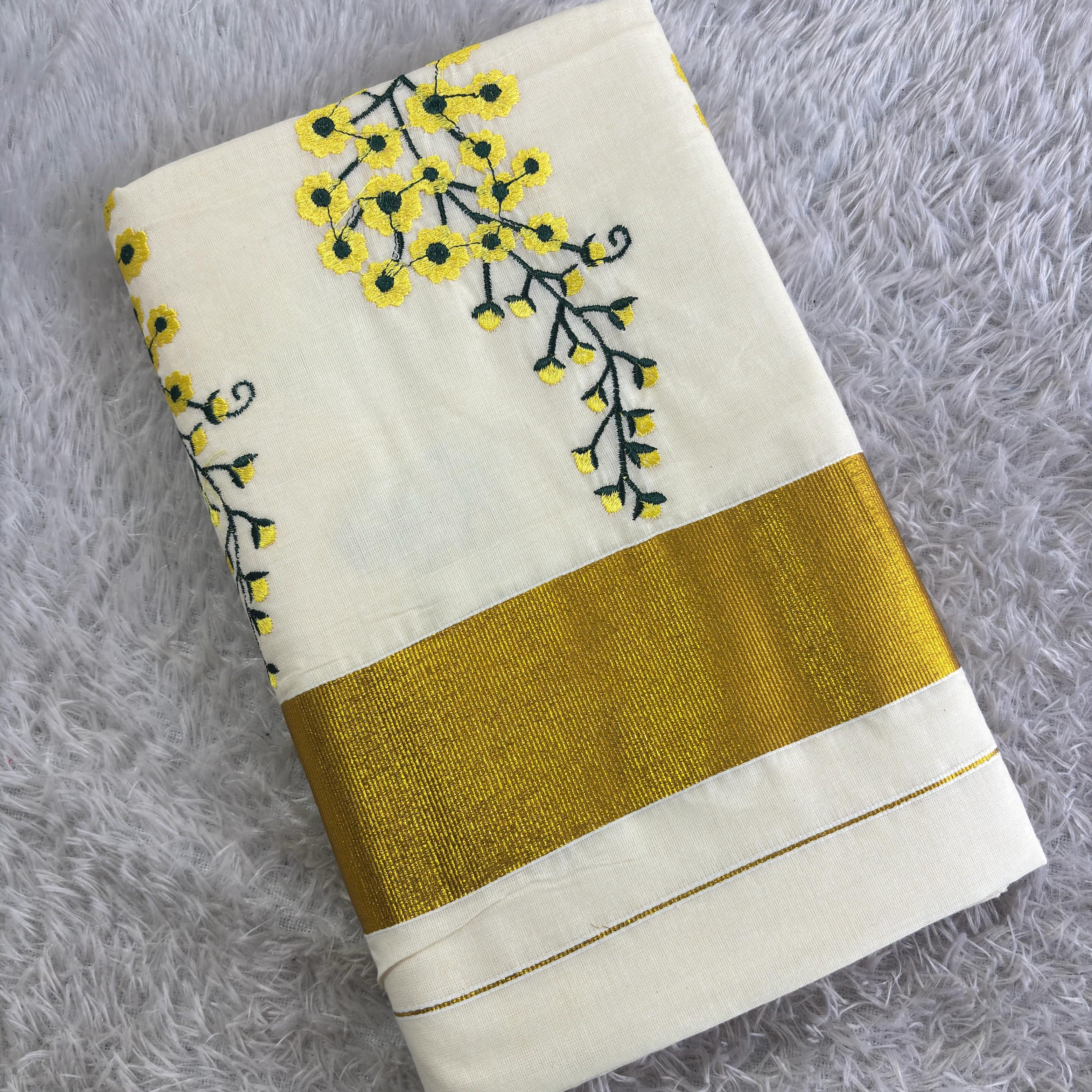 Kannikonna Embroidery Cotton Saree – Premium Off-White Kerala Saree