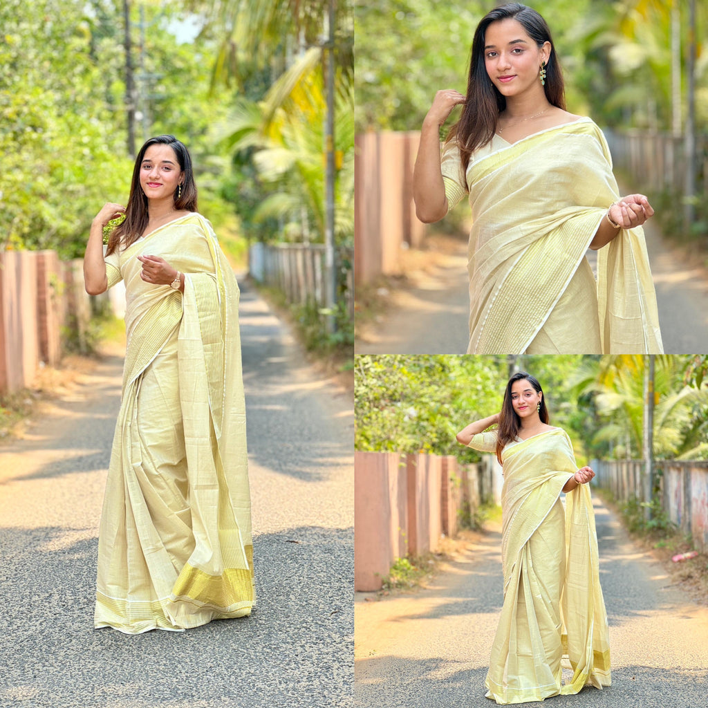Premium Golden Tissue Ready-to-Wear Saree with Elegant Border Lines