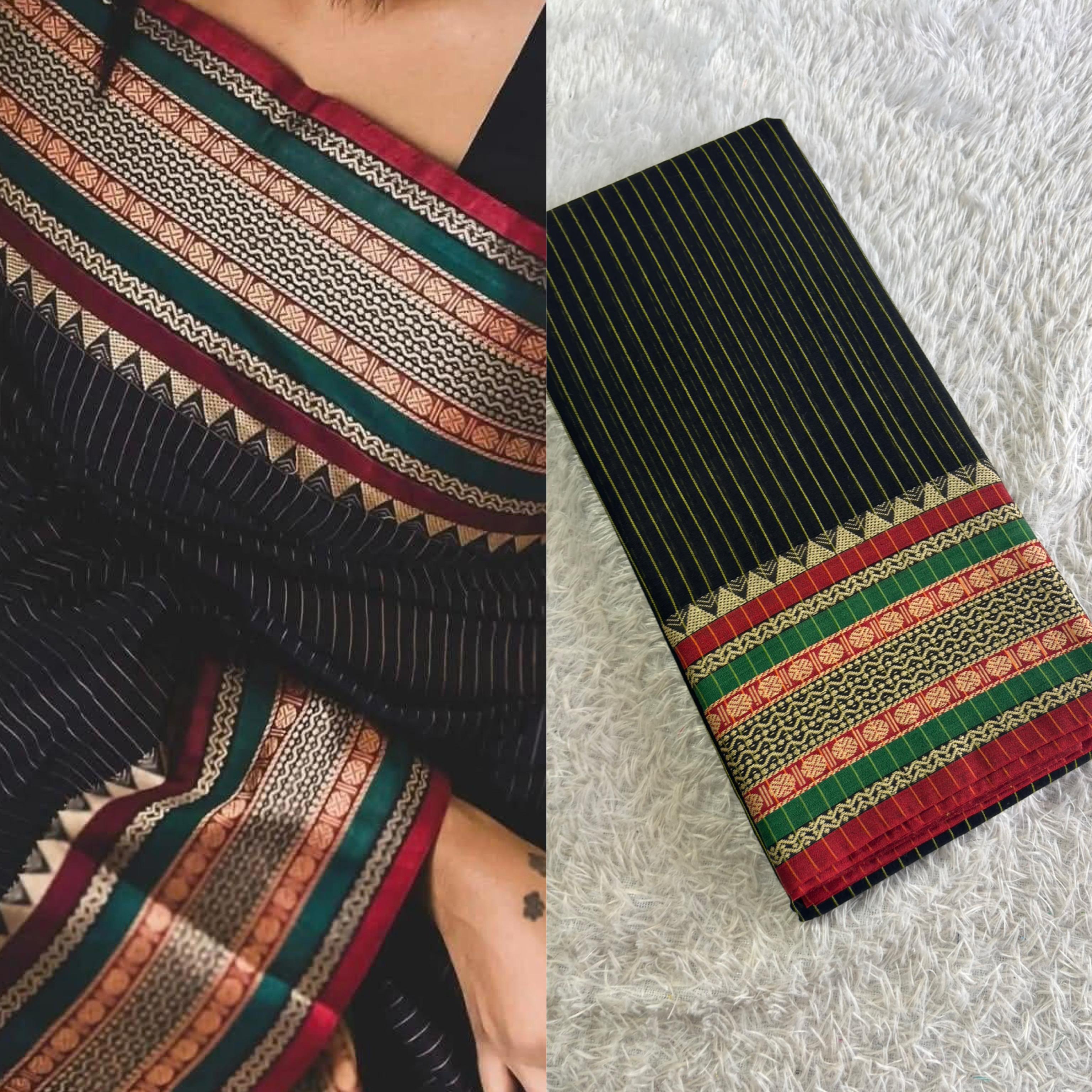 Mandara Heritage Line Cotton Saree – Classic Black & Maroon | Premium Narayanpet Weave