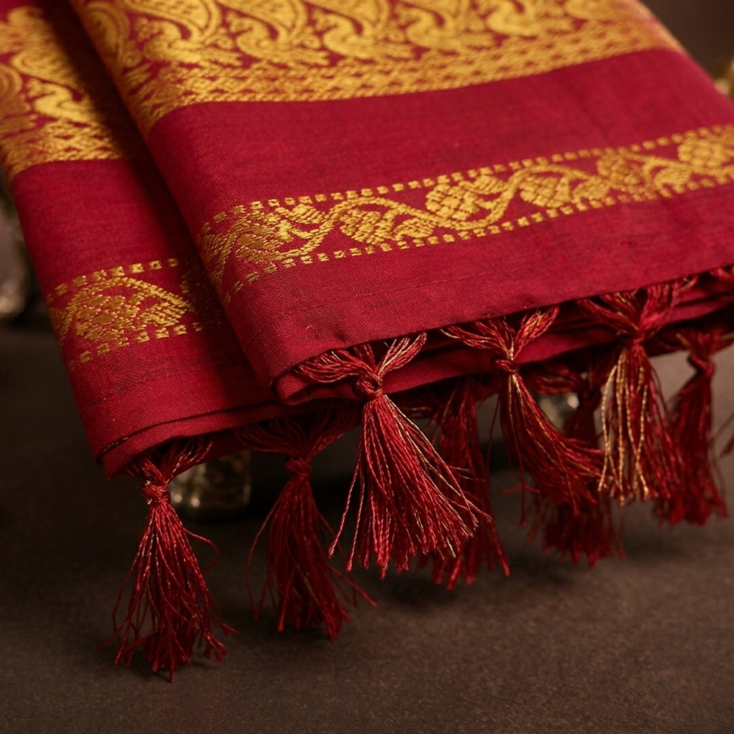 Liyaria Classic Loom Saree – Peach & Red Traditional Border | 301D